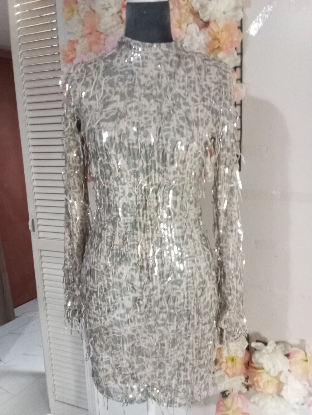 Silver Sequin Long-Sleeve Mini Dress